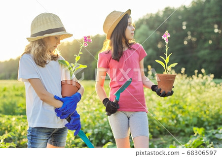 Portrait of two little gardeners in gloves with flowering plants in pots and garden shovels Portrait of two little gardeners in gloves with flowering plants in pots and garden shovels 68306597