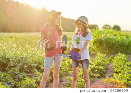 Portrait of two girls children with flowers in pots, gloves, with garden shovels Portrait of two girls children with flowers in pots, gloves, with garden shovels 68306599