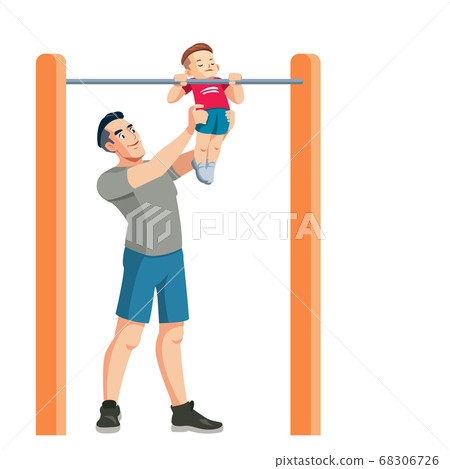 Father teaches his son to the sport. Sporty family. Outdoor activity. Son and dad in sportswear. Happy family. Concept Fatherhood child-rearing. Cartoon flat isolated vector design Father teaches his son to the sport. Sporty family. Outdoor activity. Son and dad in sportswear. Happy family. Concept Fatherhood child-rearing. Cartoon flat isolated vector design 68306726