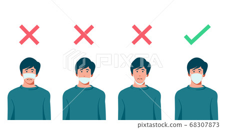 Set of men wearing medical mask in the wrong way with red cross symbol, one men wearing medical mask properly with green check mark, protection concept, prevent virus, vector illustration Set of men wearing medical mask in the wrong way with red cross symbol, one men wearing medical mask properly with green check mark, protection concept, prevent virus, vector illustration 68307873
