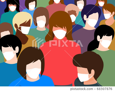 Crowd of people wearing medical mask for corona or covid-19 virus ,safety breathing masks for virus inflection, health protection concept,cover mouth to prevent virus,pollution 68307876