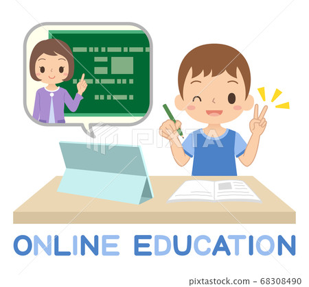 Boy studying online using a tablet Online class peace sign illustration 68308490
