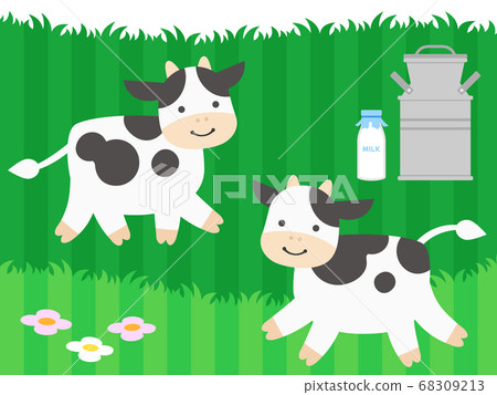 Illustration set of dairy cow and milk background of grass 68309213