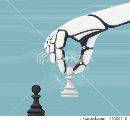 Robot holds a pawn in hand and plays chess. 68309548