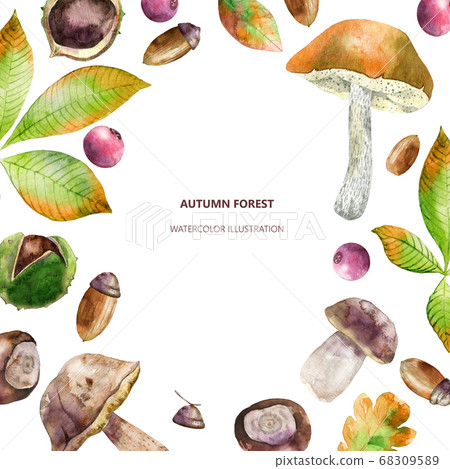 Watercolor border of autumn berries, mushrooms 68309589