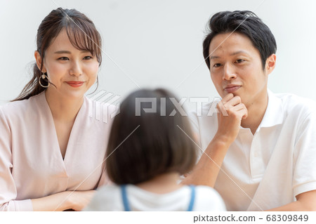 Parent and child having a family meeting in the living room Parent and child having a family meeting in the living room 68309849