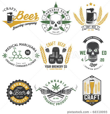 Set of medical cannabis and craft beer badge, label with skull, skeleton hand, smoking marijuana. Vector illustration. For weed shop, marijuana delivery, bar, pub Set of medical cannabis and craft beer badge, label with skull, skeleton hand, smoking marijuana. Vector illustration. For weed shop, marijuana delivery, bar, pub 68310093