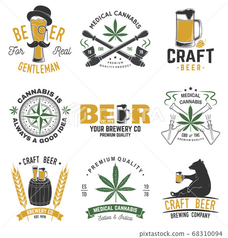 Set of medical cannabis and craft beer badge, label with skull, skeleton hand, smoking marijuana. Vector illustration. For weed shop, marijuana delivery, bar, pub 68310094