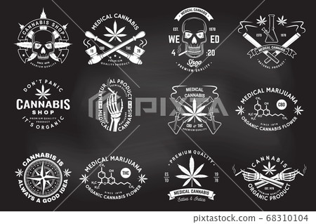 Set of medical cannabis badge, label with skull, skeleton hand, smoking marijuana. Vector Vintage typography logo design with cannabis, skeleton hand silhouette For weed shop, marijuana delivery Set of medical cannabis badge, label with skull, skeleton hand, smoking marijuana. Vector Vintage typography logo design with cannabis, skeleton hand silhouette For weed shop, marijuana delivery 68310104
