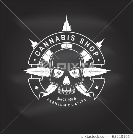Medical cannabis shop badge, label with skeleton skull. Vector. Vintage typography logo design with cannabis, skeleton skull silhouette For weed shop, cannabis, marijuana delivery service 68310105