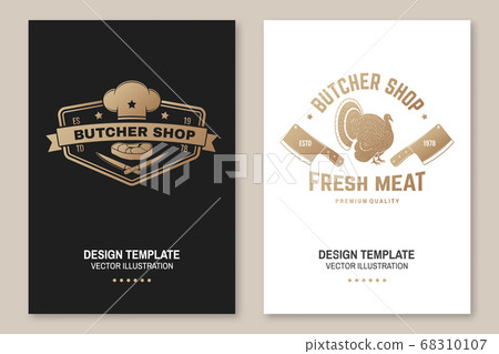 Butcher meat shop Badge or Label with turkey and kitchen knife. Vector Vintage typography logo design with turkey and kitchen knife silhouette. Meat shop, market, restaurant Butcher meat shop Badge or Label with turkey and kitchen knife. Vector Vintage typography logo design with turkey and kitchen knife silhouette. Meat shop, market, restaurant 68310107