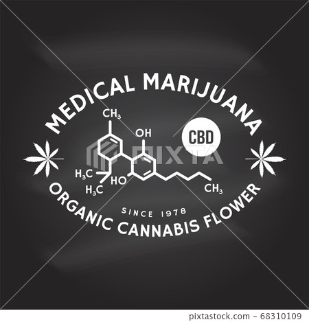 Medical cannabis badge with cannabis leaf, cannabinol molecule . Vector. Vintage typography logo design with cannabis leaf silhouette For weed shop, cannabis, marijuana delivery service Medical cannabis badge with cannabis leaf, cannabinol molecule . Vector. Vintage typography logo design with cannabis leaf silhouette For weed shop, cannabis, marijuana delivery service 68310109