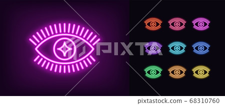 Neon magic eye icon. Glowing neon eye sign with 68310760