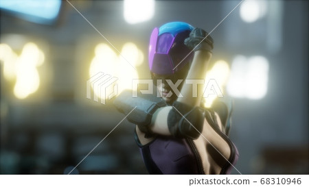 Future woman cyberpunk concept with neon city 68310946