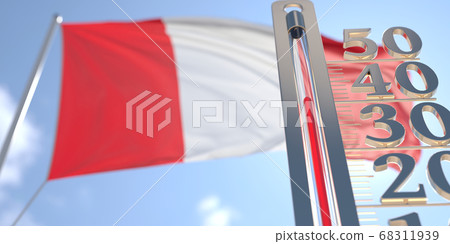 Thermometer shows high air temperature against blurred flag of Peru. Hot weather forecast related 3D rendering Thermometer shows high air temperature against blurred flag of Peru. Hot weather forecast related 3D rendering 68311939