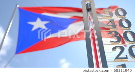 Thermometer shows high air temperature against blurred flag of Puerto Rico. Hot weather forecast related 3D rendering Thermometer shows high air temperature against blurred flag of Puerto Rico. Hot weather forecast related 3D rendering 68311940