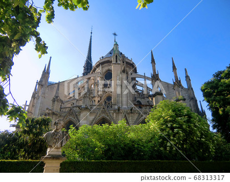 Notre Dame Cathedral surrounded by fresh green trees under a clear blue sky Notre Dame Cathedral surrounded by fresh green trees under a clear blue sky 68313317