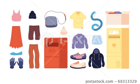 Clothes donation. Clothing recycling, colorful apparel second hand store. Containers for donate, old sweater dress for charity vector set 68313329
