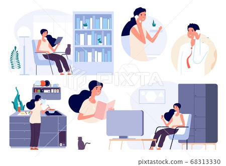 Woman daily routine. Housewife life, single girl everyday activities with cat. Stay home or self isolation period. Freelance remote worker 68313330
