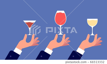 Sommelier with glass. Hands hold glasses with wine, liquor, vermouth banner. Party friends or family dinner 68313332
