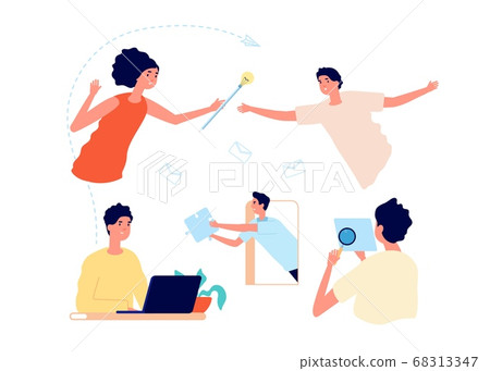 Creative team working. People thinking, idea finding and implement. Brainstorming, woman man office managers, daily work process vector illustration Creative team working. People thinking, idea finding and implement. Brainstorming, woman man office managers, daily work process vector illustration 68313347