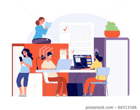 Exam preparing. Technology examination preparation, better study together. Students with books laptop, knowledge training vector concept 68313386