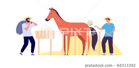 Rural life. Farmers harvest hay, flat horse corral. Isolated agricultural workers with pony. Autumn harvesting time vector illustration Rural life. Farmers harvest hay, flat horse corral. Isolated agricultural workers with pony. Autumn harvesting time vector illustration 68313392