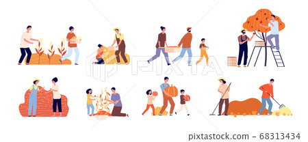 Autumn gathering. Farmer people, flat harvesting gardeners. Young man planting fruits. Harvest season, woman working agriculture vector set Autumn gathering. Farmer people, flat harvesting gardeners. Young man planting fruits. Harvest season, woman working agriculture vector set 68313434