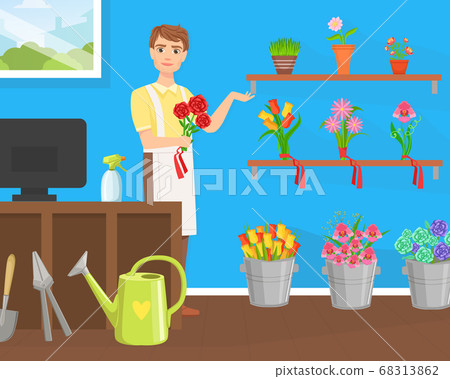 Flower Shop, Cheerful Young Man Florist in Apron Making Bouquet of Flowers Flat Vector Illustration 68313862