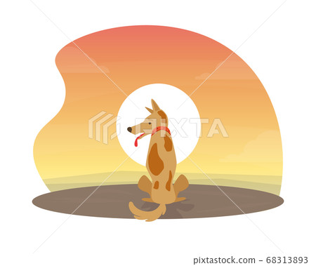 Cute Dog Sitting at Beautiful Sunset Flat Vector Illustration 68313893