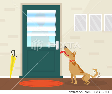 Cute Happy Dog Meeting its Owner at the Door Flat Vector Illustration Cute Happy Dog Meeting its Owner at the Door Flat Vector Illustration 68313911