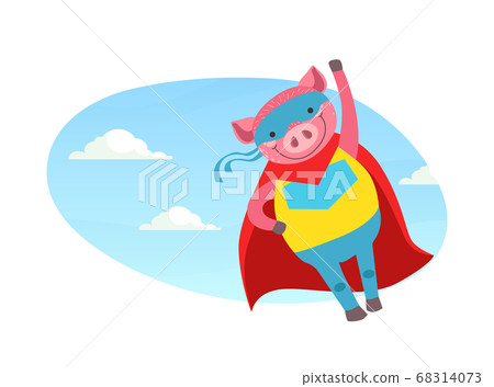 Funny Pig Superhero Character in Mask and Red Cape Cartoon Vector Illustration 68314073