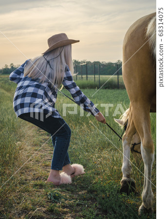 young blonde girl dressed in a hat and funny shoes pulls a horse on a farm in the village 68314075