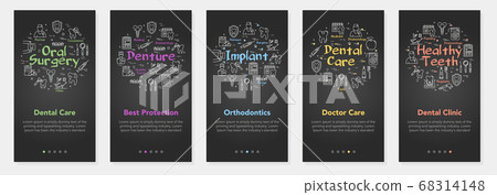 Vertical five black banners with line concept of dentistry - oral surgery and denture implant Vertical five black banners with line concept of dentistry - oral surgery and denture implant 68314148