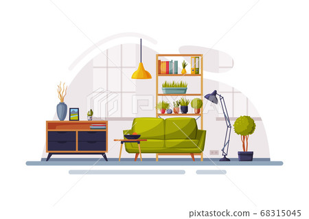 Modern Room Interior Design, Cozy Apartments with Comfy Furniture and Home Decor, Wooden Bookcase, Stand and Sofa in front of Window Vector Illustration 68315045