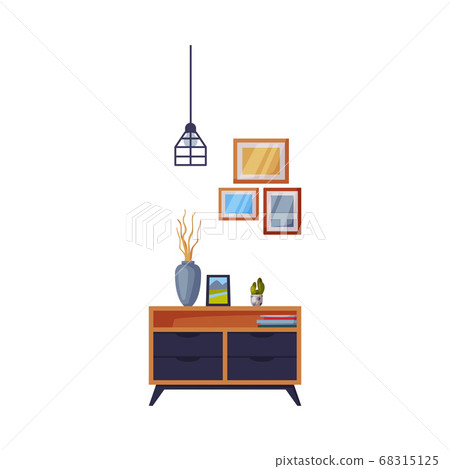 Wooden Chest of Drawers, Curbstone, Cozy Room Interior Design, Comfy Furniture and Home Decoration Accessories Vector Illustration 68315125