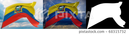 Waving flags of the world - flag of Ecuador. Set of 2 flags and alpha matte image. Very high quality mask without unwanted edge. High resolution for professional composition. 3D illustration. 68315732