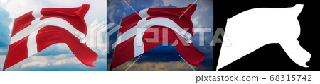 Waving flags of the world - flag of Denmark. Set of 2 flags and alpha matte image. Very high quality mask without unwanted edge. High resolution for professional composition. 3D illustration. 68315742