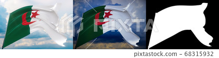 Waving flags of the world - flag of Algeria. Set of 2 flags and alpha matte image. Very high quality mask without unwanted edge. High resolution for professional composition. 3D illustration. Waving flags of the world - flag of Algeria. Set of 2 flags and alpha matte image. Very high quality mask without unwanted edge. High resolution for professional composition. 3D illustration. 68315932
