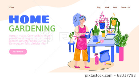 Website for home gardening with woman cares for plants flat vector illustration. 68317788
