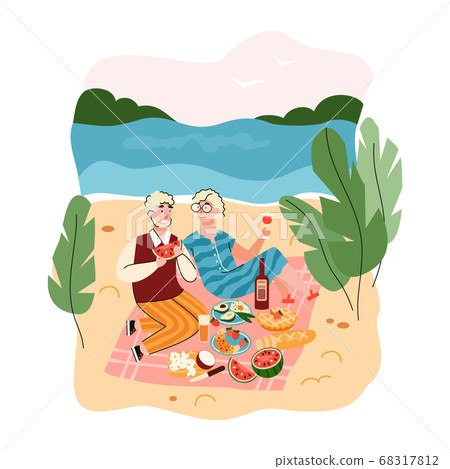Elderly couple picnic near the sea flat cartoon vector illustration isolated. 68317812