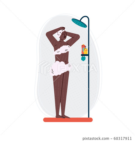 Woman soaping her hair and body in shower, flat vector illustration isolated. 68317911