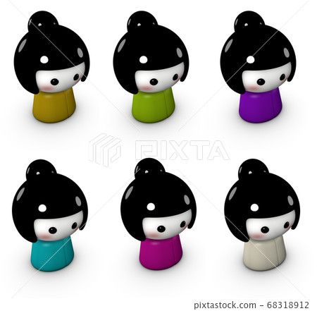 63d render of 6 kokeshi dolls over white 68318912
