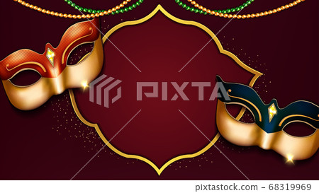 luxury venice carnival party banner design with beautiful masks on rhombus burgundy red background 68319969