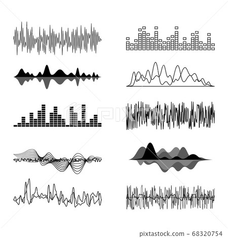 Sound Waves Black Thin Line Icon Set. Vector 68320754