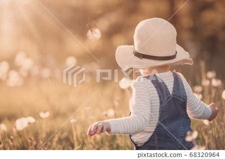 Baby boy standing in grass on the fieald with dandelions Baby boy standing in grass on the fieald with dandelions 68320964