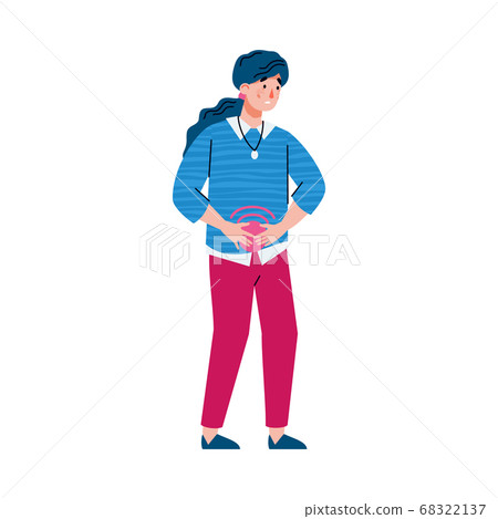 Woman with period pain or stomach ache holding her abdomen Woman with period pain or stomach ache holding her abdomen 68322137