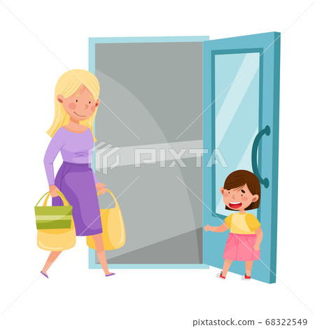 Little Girl Opening Door to Young Woman with Shopping Bags Vector Illustration Little Girl Opening Door to Young Woman with Shopping Bags Vector Illustration 68322549