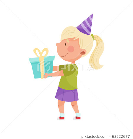 Girl Character in Birthday Hat Carrying Gift Box for Party Vector Illustration 68322677