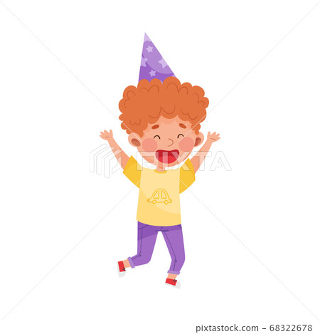 Boy Character with Red Hair in Birthday Hat Jumping with Joy Vector Illustration Boy Character with Red Hair in Birthday Hat Jumping with Joy Vector Illustration 68322678